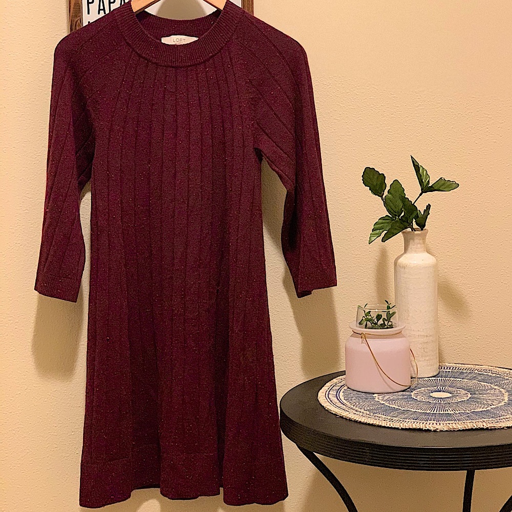 Plum wide-ribbed sweater dress with pink speckles